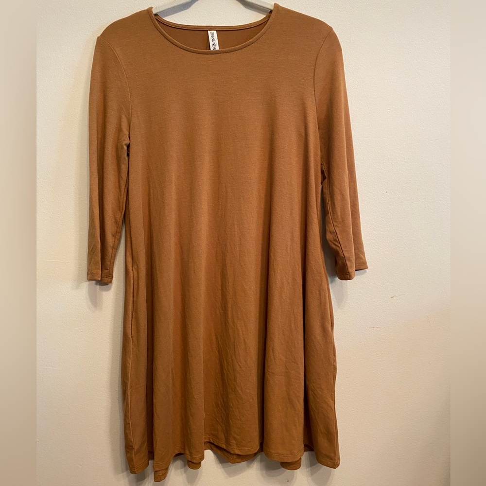 Tunic Pocket Dress, 3/4 sleeve - Coffee